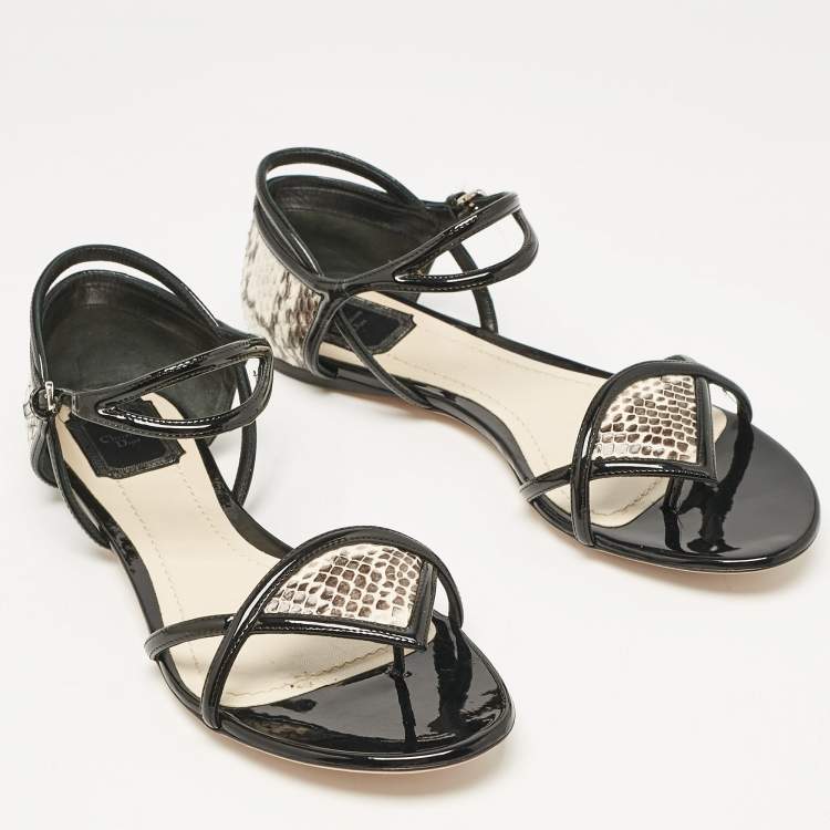 Pre Owned Dior Beige/Black Python and Patent Leather Venus Flat Sandals Size 40