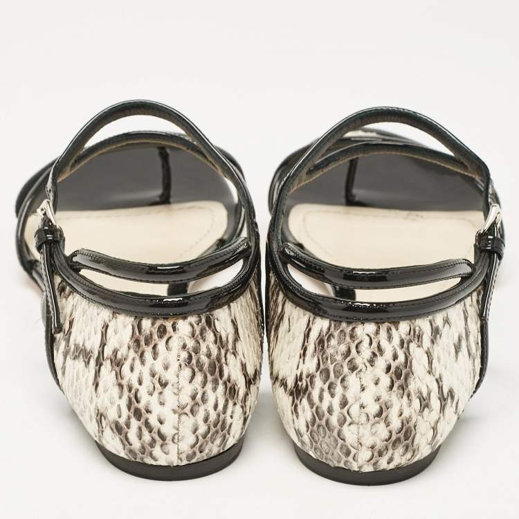 Pre Owned Dior Beige/Black Python and Patent Leather Venus Flat Sandals Size 40