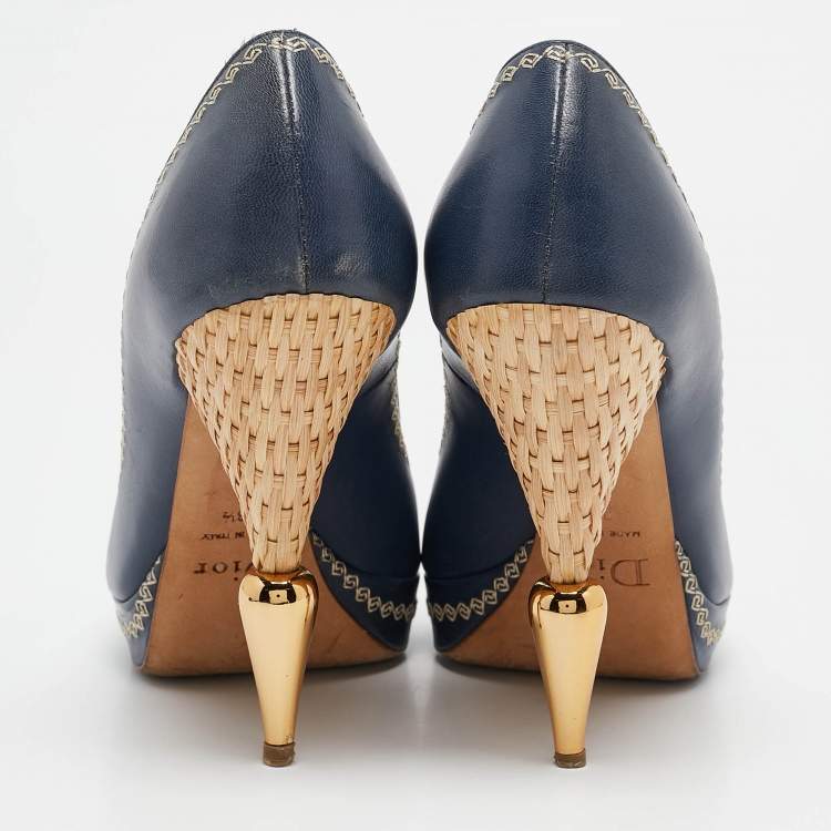 Pre Owned Dior Navy Blue Leather Peep Toe Raffia Heel Pumps Size 38.5