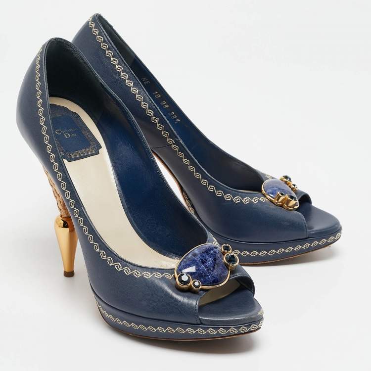 Pre Owned Dior Navy Blue Leather Peep Toe Raffia Heel Pumps Size 38.5