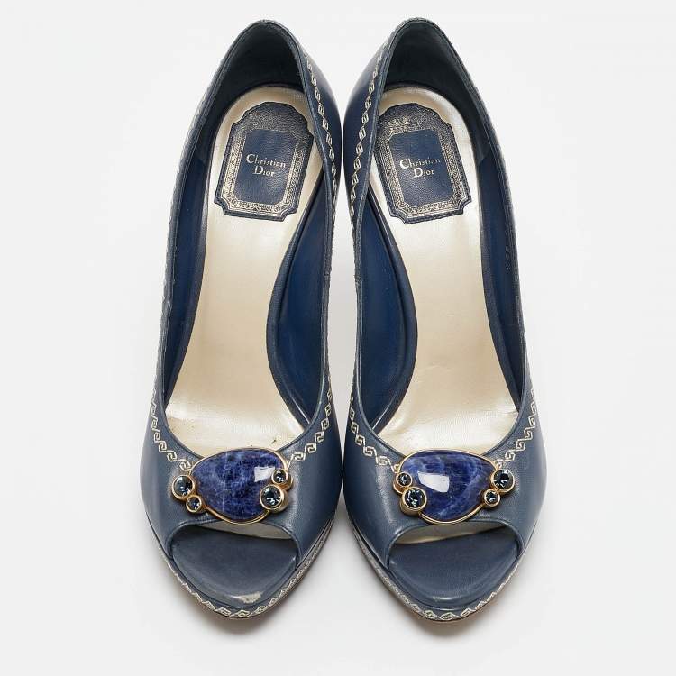 Pre Owned Dior Navy Blue Leather Peep Toe Raffia Heel Pumps Size 38.5