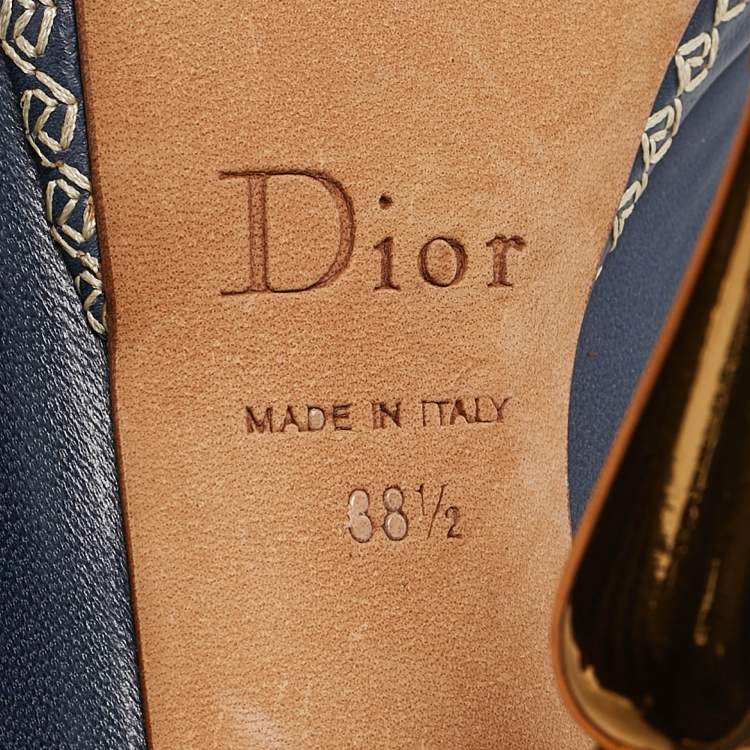 Pre Owned Dior Navy Blue Leather Peep Toe Raffia Heel Pumps Size 38.5