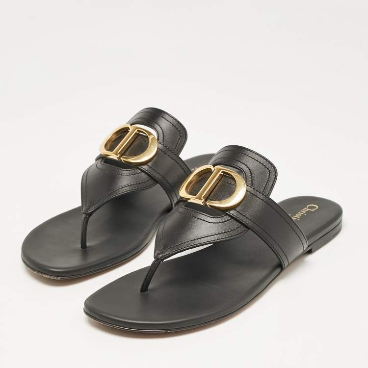 Pre Owned Dior Black Leather 30 Montaigne Thong Flats Size 37