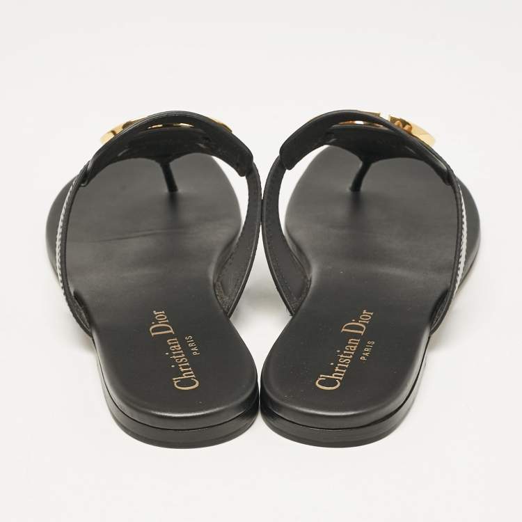 Pre Owned Dior Black Leather 30 Montaigne Thong Flats Size 37