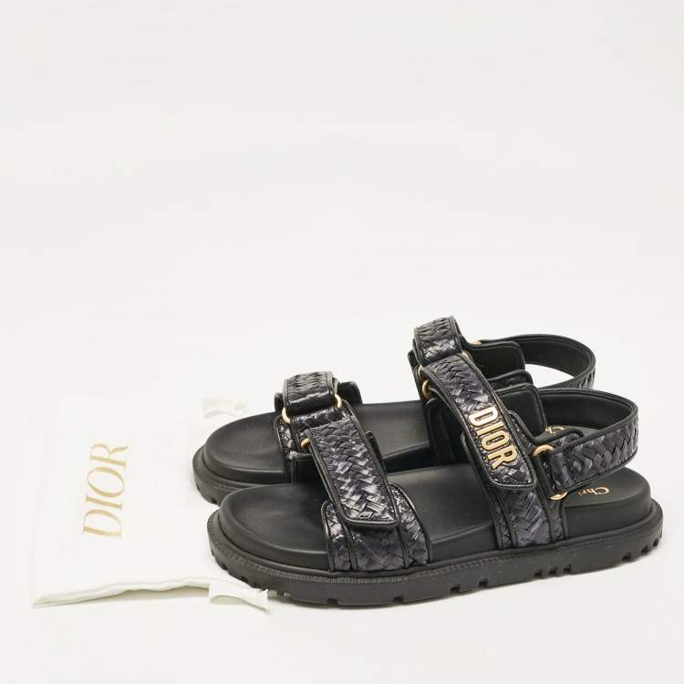 Pre Owned Dior Black Leather and Woven Raffia DiorAct Slingback Sandals Size 38.5