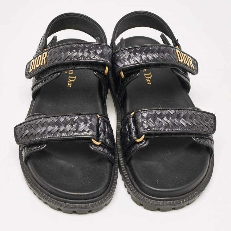 Pre Owned Dior Black Leather and Woven Raffia DiorAct Slingback Sandals Size 38.5