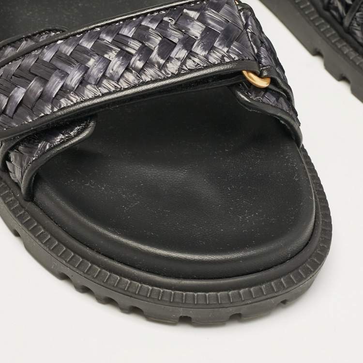 Pre Owned Dior Black Leather and Woven Raffia DiorAct Slingback Sandals Size 38.5