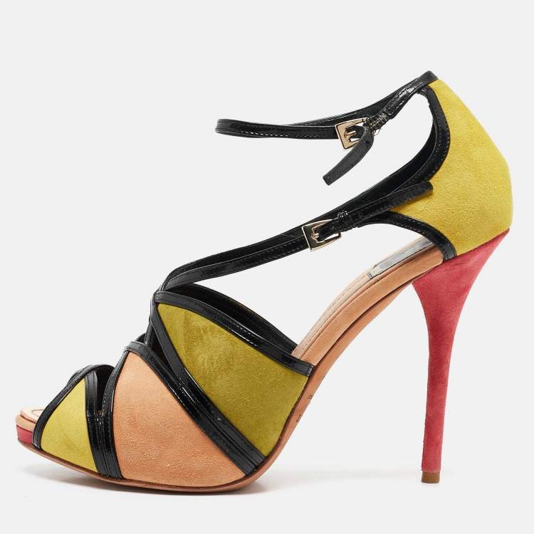 Pre Owned Dior Multicolor Suede and Patent Leather Strappy Peep Toe Sandals Size 39.5
