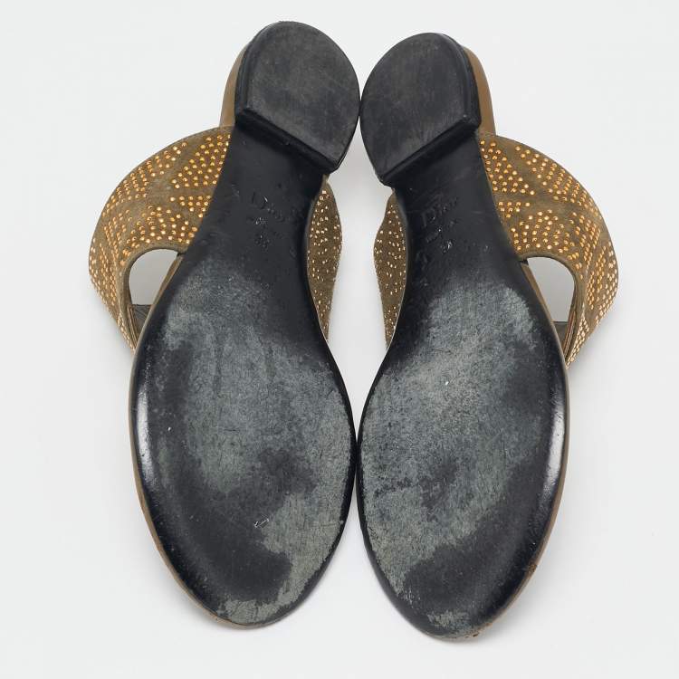 Pre Owned Dior Green Leather and Suede Embellished Flat Sandals Size 39