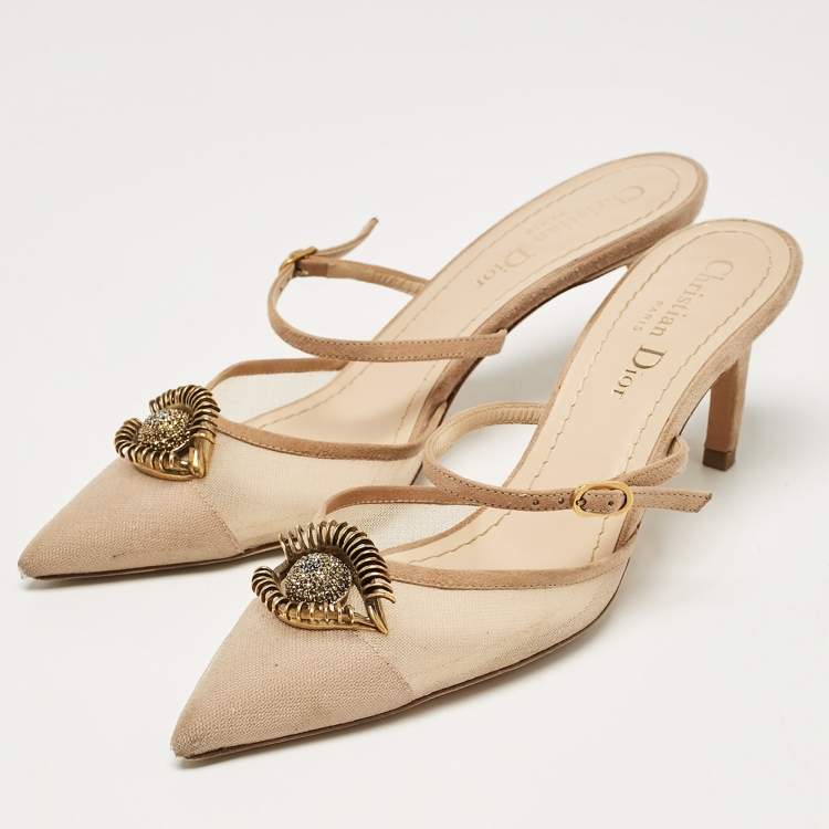 Pre Owned Dior Beige Suede and Mesh Surreal D Eye Mules Size 36