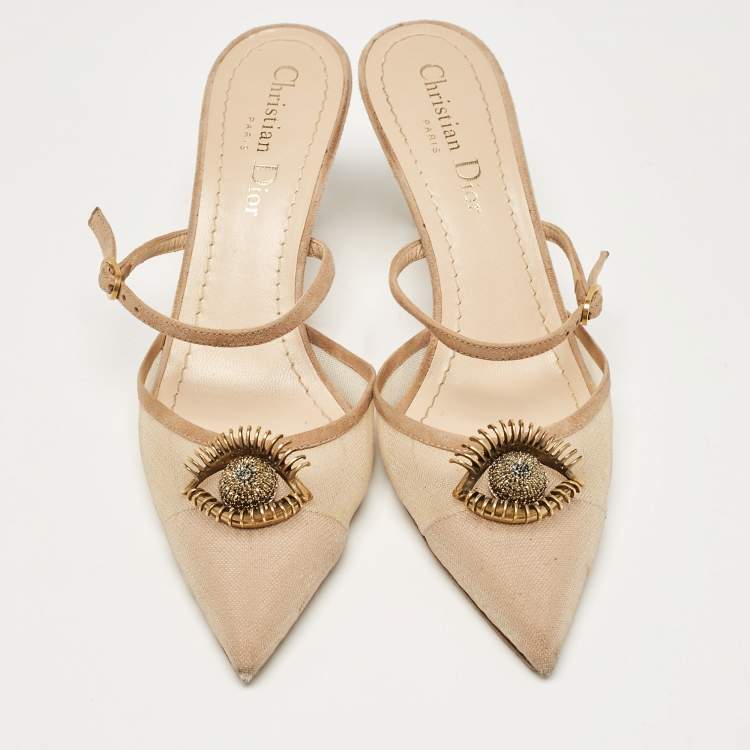 Pre Owned Dior Beige Suede and Mesh Surreal D Eye Mules Size 36
