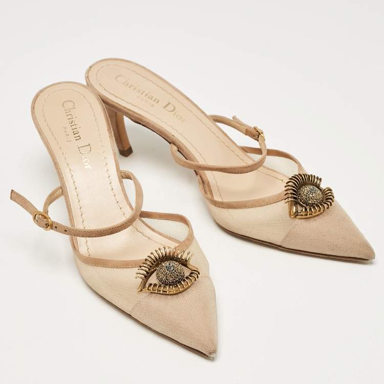 Pre Owned Dior Beige Suede and Mesh Surreal D Eye Mules Size 36