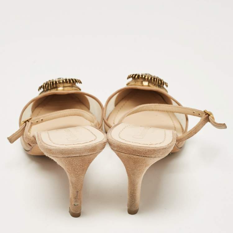 Pre Owned Dior Beige Suede and Mesh Surreal D Eye Mules Size 36