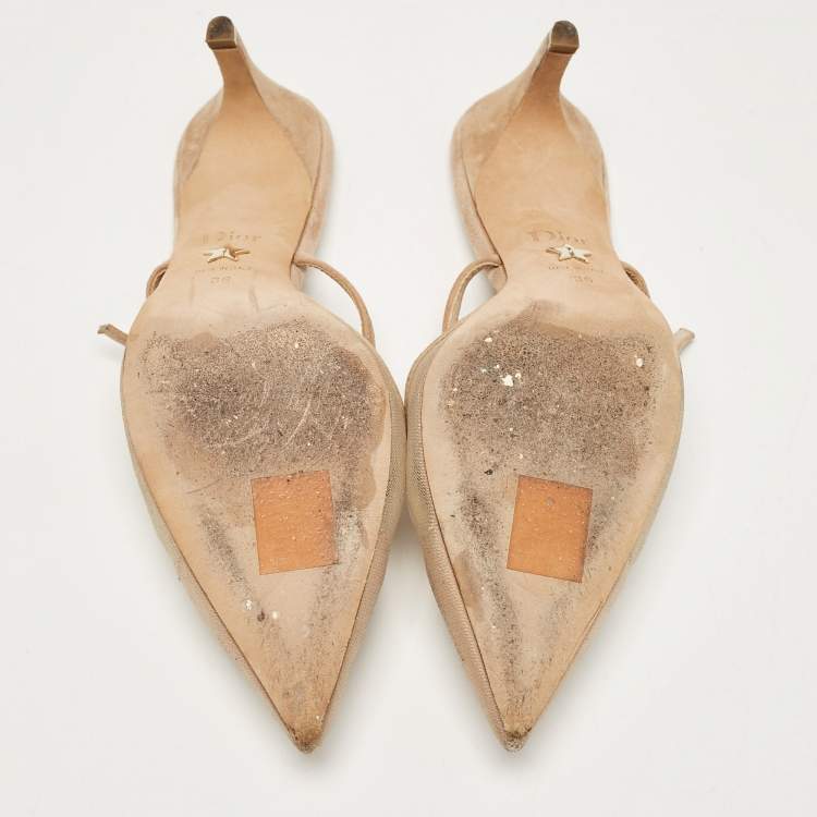 Pre Owned Dior Beige Suede and Mesh Surreal D Eye Mules Size 36