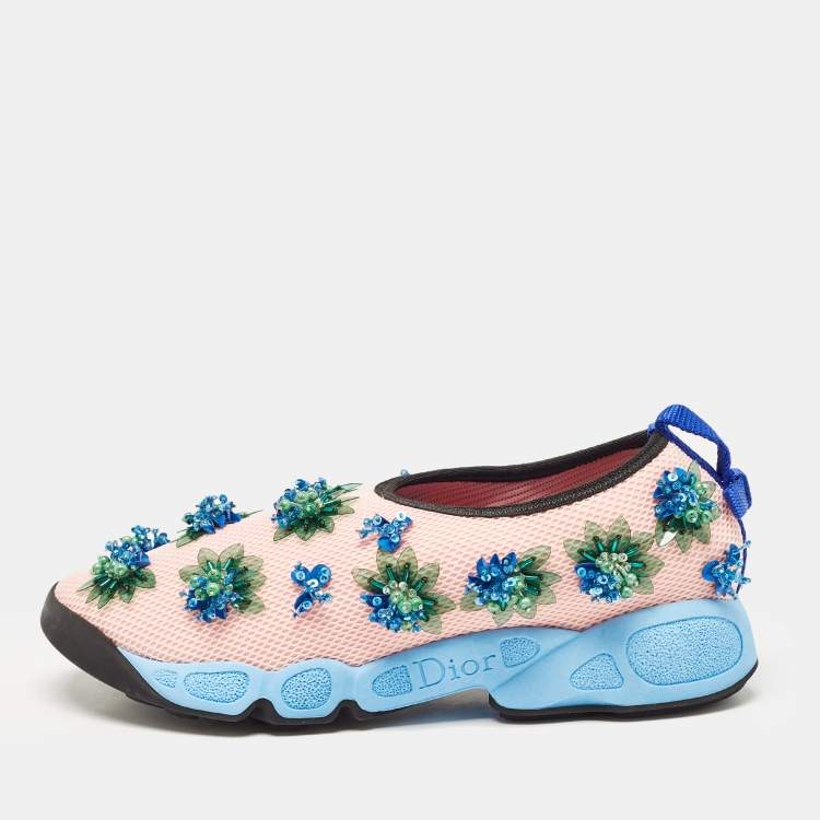 Pre Owned Dior Pink Mesh Fusion Crystal Embellished Slip On Sneakers Size 35.5