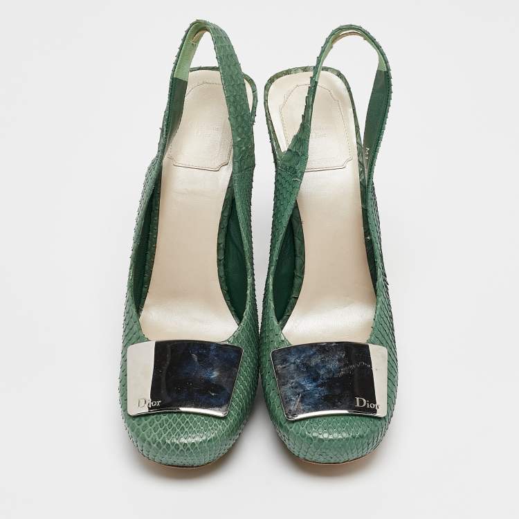 Pre Owned Dior Green Python Embellished Platform Slingback Pumps Size 39
