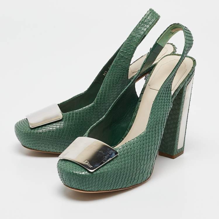 Pre Owned Dior Green Python Embellished Platform Slingback Pumps Size 39