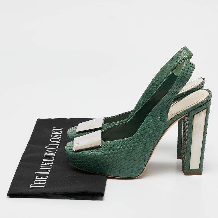 Pre Owned Dior Green Python Embellished Platform Slingback Pumps Size 39