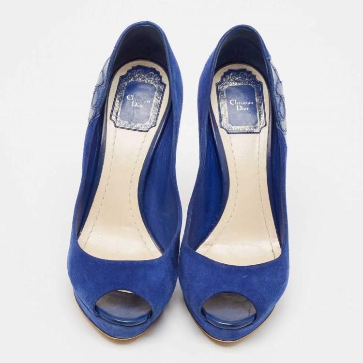 Pre Owned Dior Blue Suede Miss Dior Peep Toe Pumps Size 36.5
