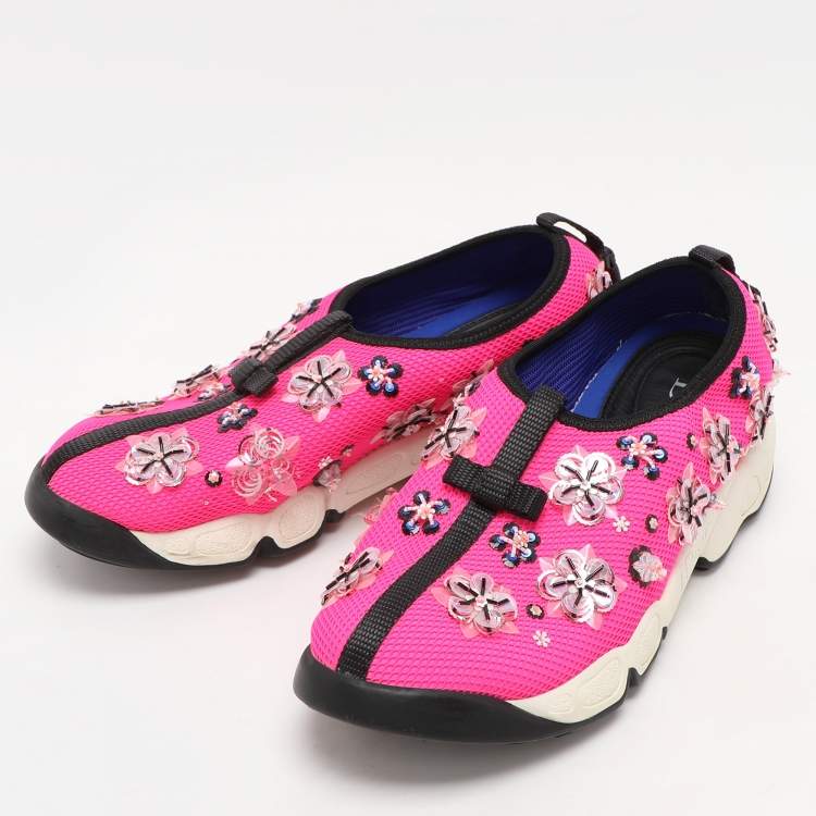 Pre Owned Dior Pink Mesh Embellished Fusion Slip On Sneakers Size 37