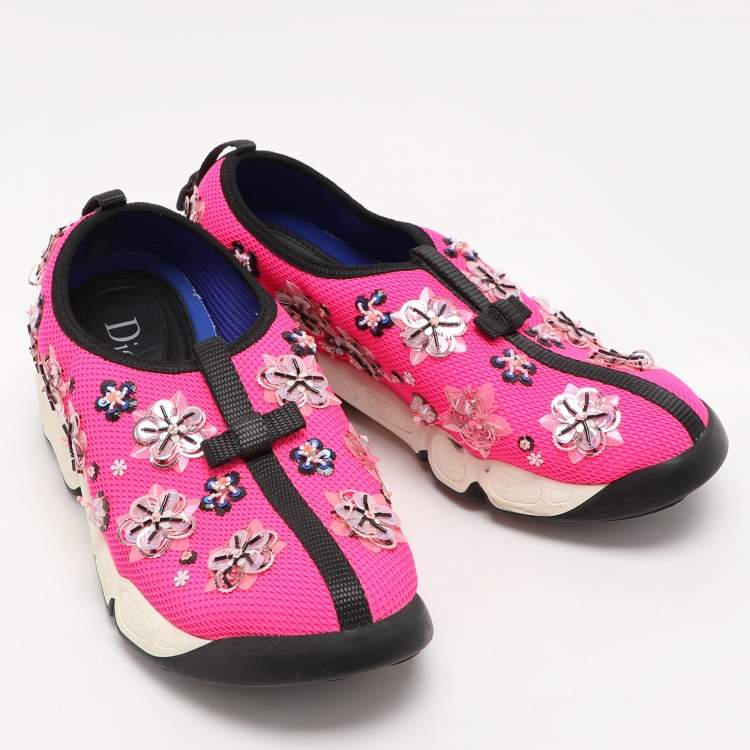 Pre Owned Dior Pink Mesh Embellished Fusion Slip On Sneakers Size 37