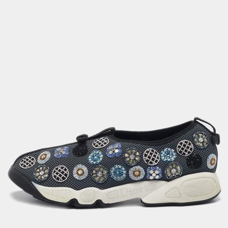 Pre Owned Dior Grey Mesh Crystal Embellished Fusion Slip On Sneakers Size 38.5