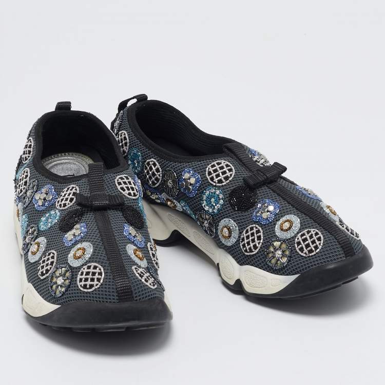 Pre Owned Dior Grey Mesh Crystal Embellished Fusion Slip On Sneakers Size 38.5