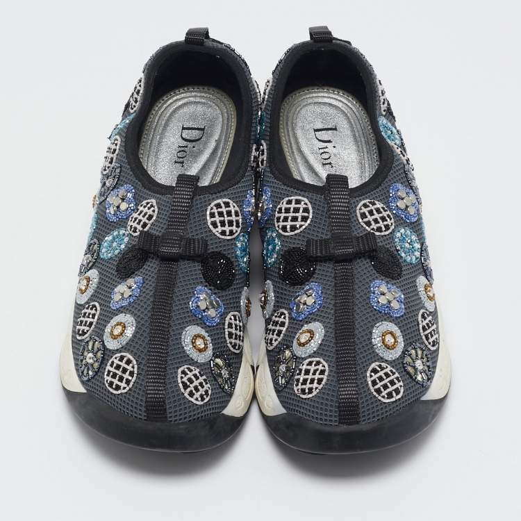 Pre Owned Dior Grey Mesh Crystal Embellished Fusion Slip On Sneakers Size 38.5
