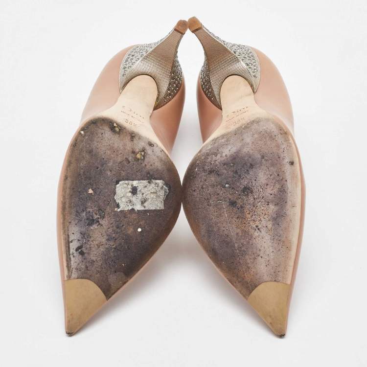 Pre Owned Dior Beige Leather Crystal Embellished Flash Pointed Toe Pumps Size 38.5