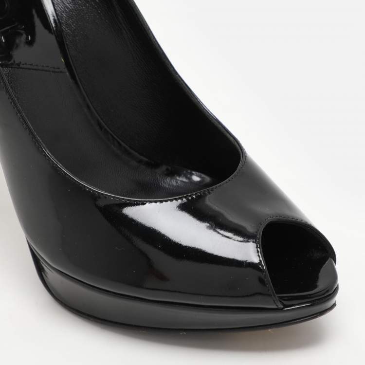 Pre Owned Dior Black Patent Leather Peep Toe Pumps Size 36.5