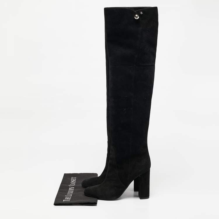 Pre Owned Dior Black  Suede Block Heel Knee Length Boots Size 38