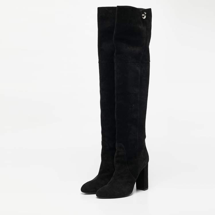 Pre Owned Dior Black  Suede Block Heel Knee Length Boots Size 38
