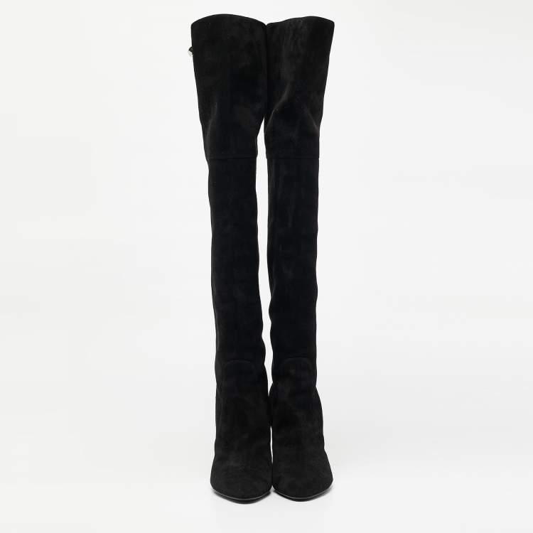 Pre Owned Dior Black  Suede Block Heel Knee Length Boots Size 38