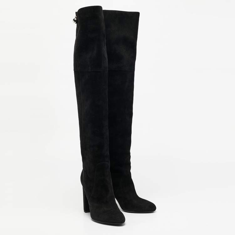 Pre Owned Dior Black  Suede Block Heel Knee Length Boots Size 38