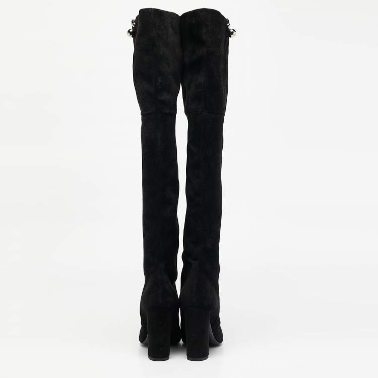 Pre Owned Dior Black  Suede Block Heel Knee Length Boots Size 38