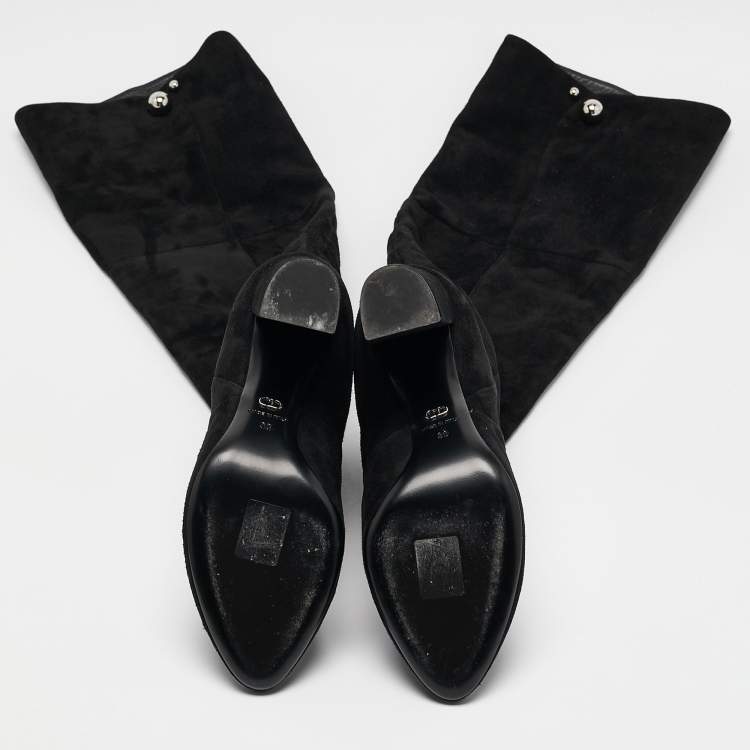 Pre Owned Dior Black  Suede Block Heel Knee Length Boots Size 38