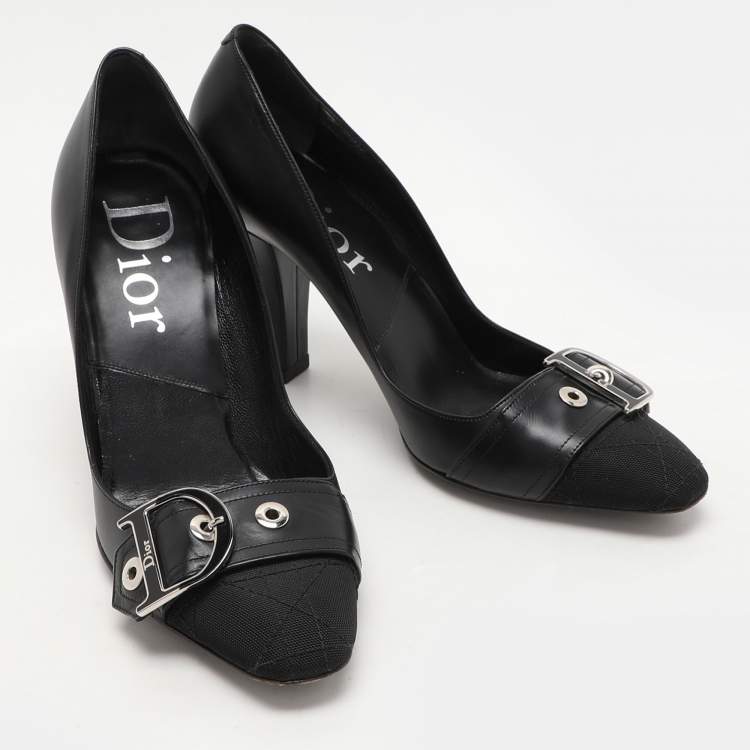 Pre Owned Dior Black Leather And Cannage Canvas Cap Toe D Buckle Pumps Size 36