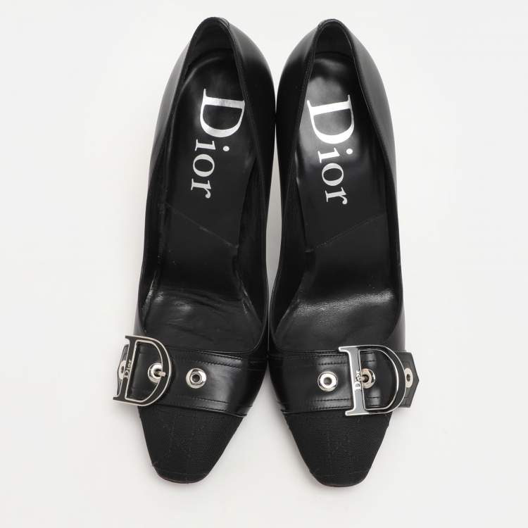 Pre Owned Dior Black Leather And Cannage Canvas Cap Toe D Buckle Pumps Size 36