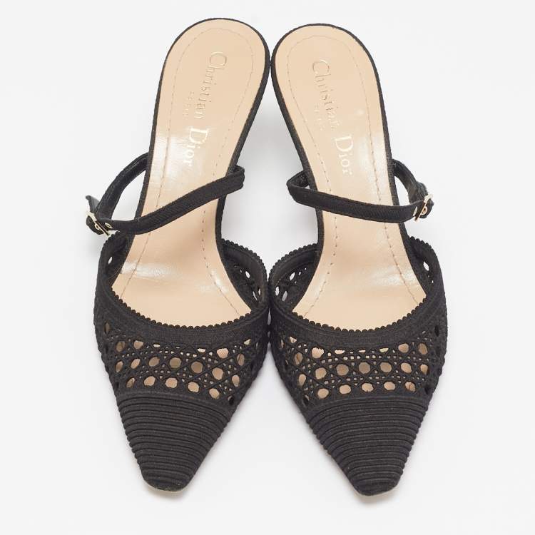 Pre Owned Dior Black Embellished Mesh Dior Capture Ankle Strap Mules Size 36