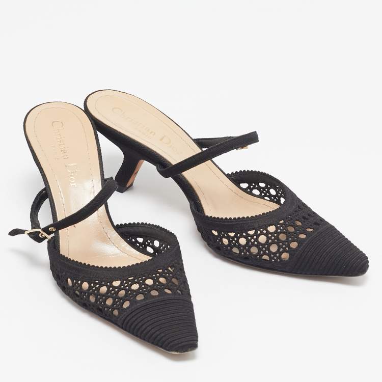 Pre Owned Dior Black Embellished Mesh Dior Capture Ankle Strap Mules Size 36