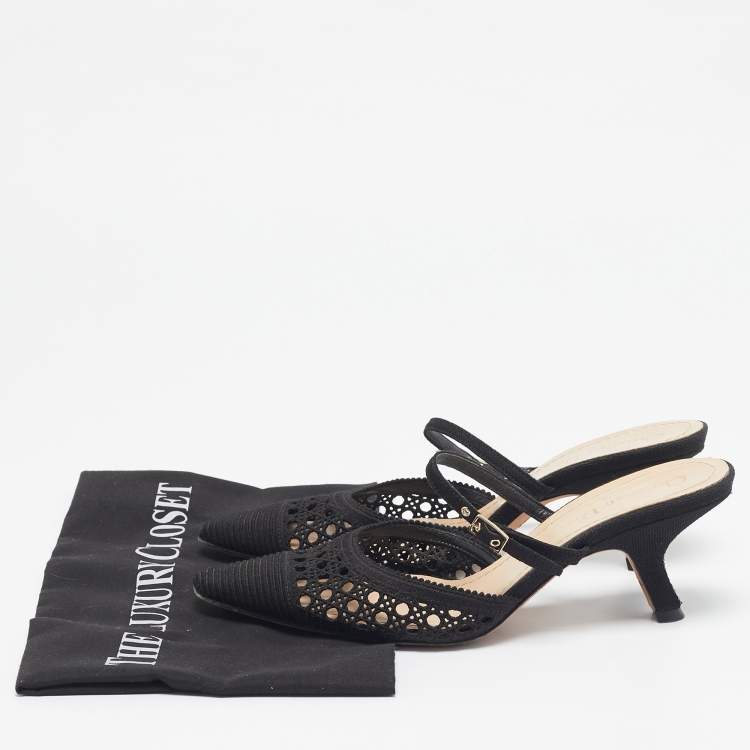 Pre Owned Dior Black Embellished Mesh Dior Capture Ankle Strap Mules Size 36