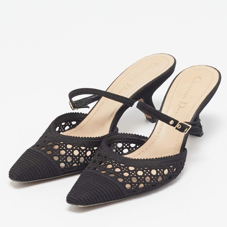 Pre Owned Dior Black Embellished Mesh Dior Capture Ankle Strap Mules Size 36