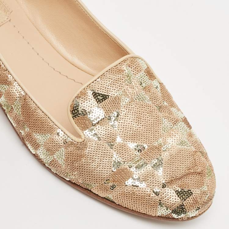 Pre Owned Dior Beige/Gold Sequin and Patent Leather Smoking Slippers Size 36