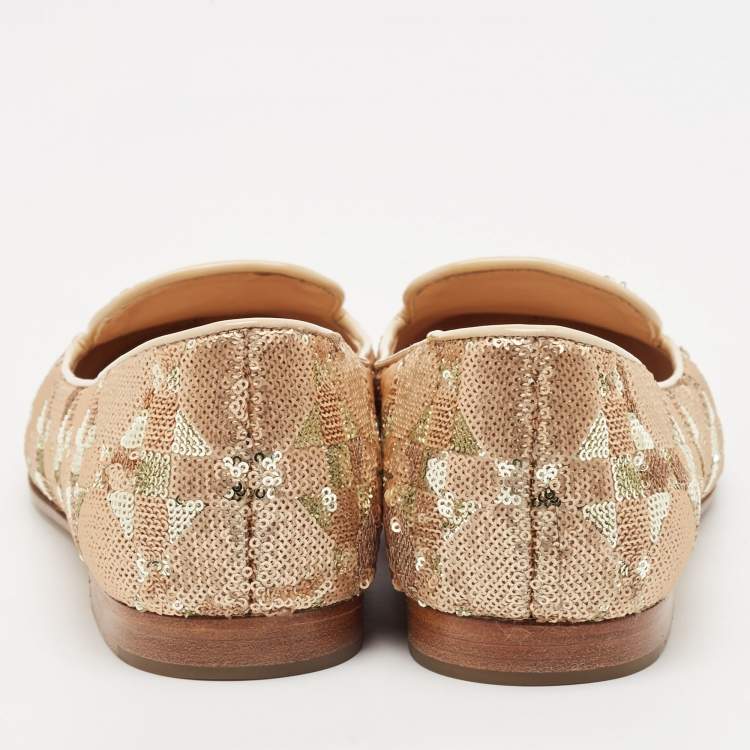 Pre Owned Dior Beige/Gold Sequin and Patent Leather Smoking Slippers Size 36