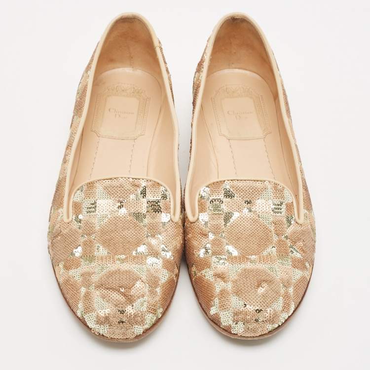 Pre Owned Dior Beige/Gold Sequin and Patent Leather Smoking Slippers Size 36