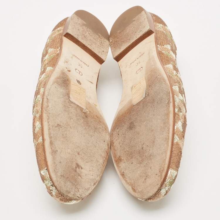 Pre Owned Dior Beige/Gold Sequin and Patent Leather Smoking Slippers Size 36