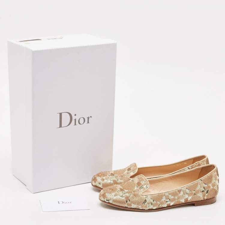 Pre Owned Dior Beige/Gold Sequin and Patent Leather Smoking Slippers Size 36