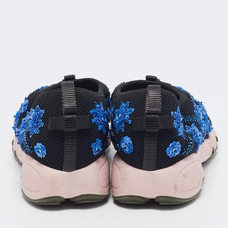 Pre Owned Dior Black Mesh Flower Embellished Fusion Slip On Sneakers Size 37