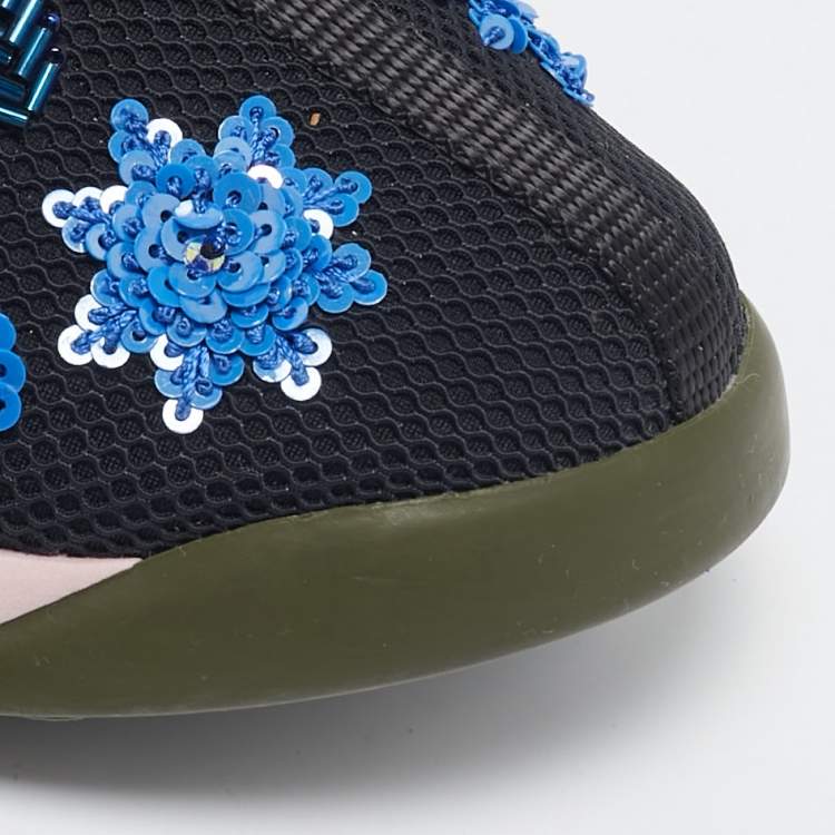 Pre Owned Dior Black Mesh Flower Embellished Fusion Slip On Sneakers Size 37
