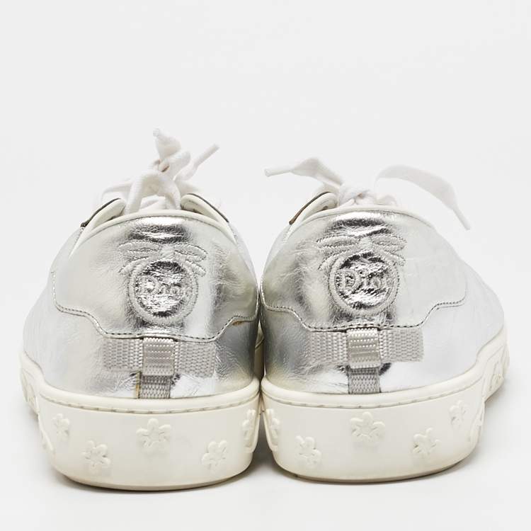 Pre Owned Dior Silver Leather Lace Up Trainers Sneakers Size 39.5